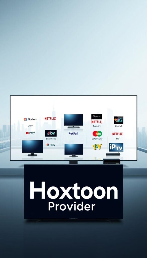 A detailed comparative illustration of various IPTV service providers, showcasing their features and performance. In the foreground, prominently display the "Hoxtoon Provider" brand, highlighting its key offerings and capabilities. In the middle ground, neatly arrange visual representations of other major IPTV competitors, allowing for a side-by-side comparison. In the background, incorporate a sleek, modern cityscape or technology-themed landscape to convey a sense of innovation and sophistication. Utilize a clean, minimalist design style with a neutral color palette, crisp lighting, and a high-resolution 4K aesthetic to best reflect the subject matter.