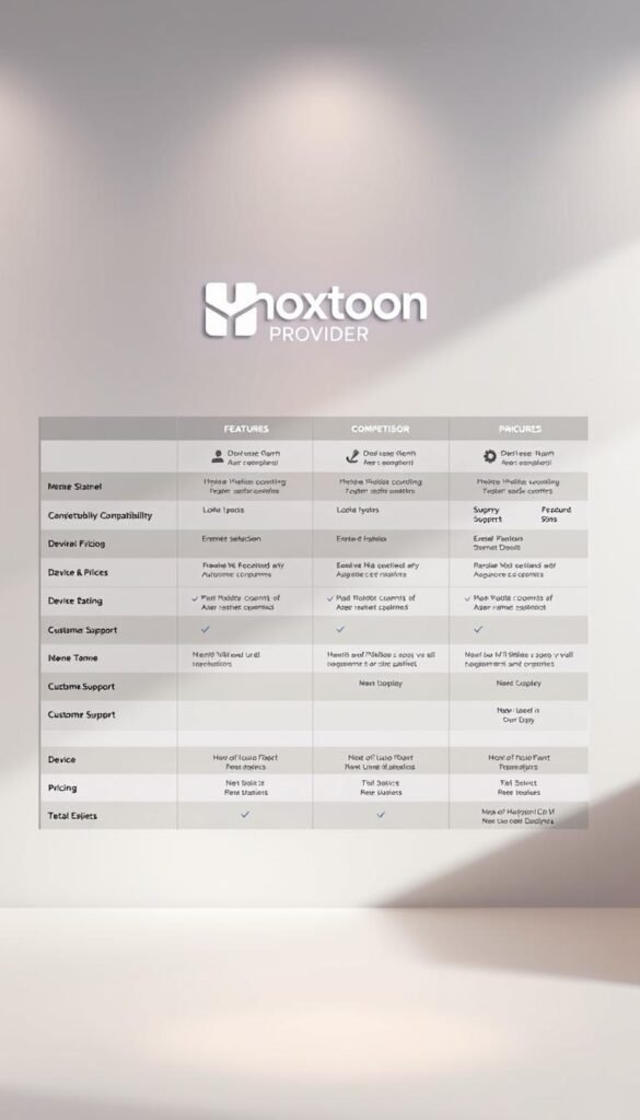 A detailed comparison chart showcasing the features and offerings of the Hoxtoon Provider IPTV service alongside its competitors. The chart is set against a clean, minimalist background with soft lighting, highlighting the key information in a clear, organized manner. The Hoxtoon Provider logo is prominently displayed, emphasizing its presence in the IPTV market. The chart compares factors such as channel selection, device compatibility, pricing, and customer support, allowing the viewer to make an informed decision. The overall mood is professional and informative, guiding the viewer through the IPTV landscape.