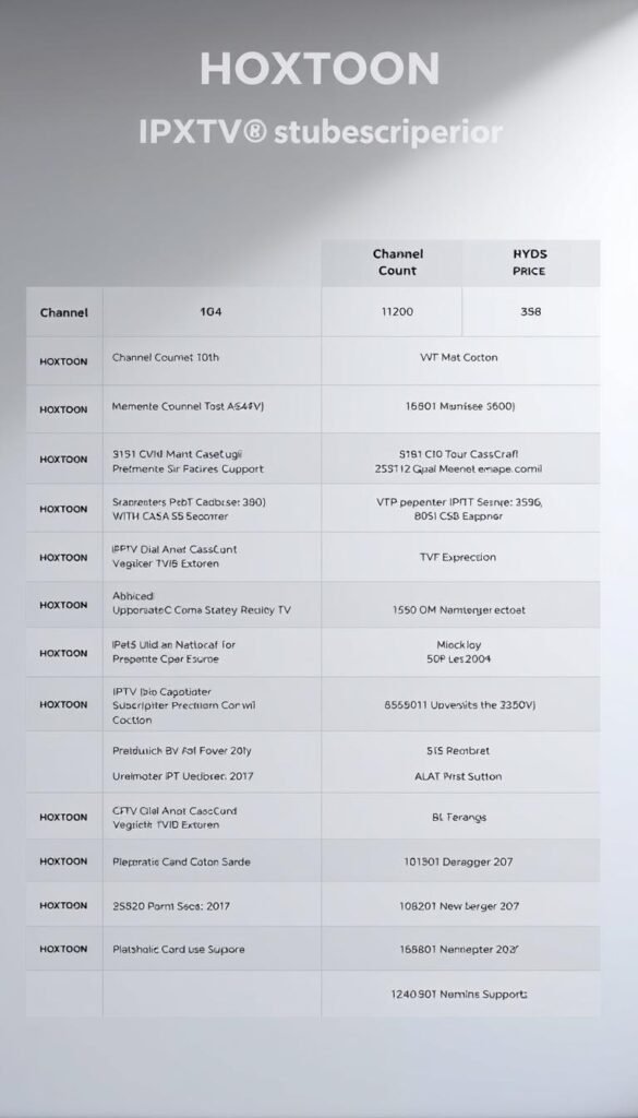 A detailed comparison of HOXTOON Provider's IPTV subscription plans, showcased in a clean and visually appealing layout. The image depicts a minimalist table or grid structure, with each plan's key features such as channel count, price, and device support neatly organized. The overall design is sleek and modern, using a harmonious color palette that complements the HOXTOON brand. The lighting is soft and diffused, creating a professional and authoritative atmosphere. The camera angle is slightly elevated, giving the viewer a comprehensive overview of the plan details. The image should effectively communicate the value proposition of HOXTOON's IPTV offerings to potential subscribers.