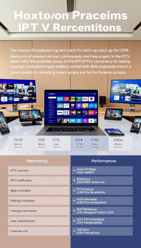 A detailed comparison of IPTV catch-up services, showcasing the key features and capabilities of the Hoxtoon Provider versus its top competitors. The scene is set in a modern, well-lit office environment, with a large desk displaying various devices and screens. In the foreground, a sleek laptop displays the Hoxtoon Provider interface, its intuitive design and comprehensive channel lineup prominently featured. Surrounding the laptop are various tablets and smartphones, each displaying the competing IPTV services, allowing for a side-by-side evaluation. The middle ground features technical specifications, performance metrics, and user satisfaction ratings, conveying the service's advantages in a visually appealing manner. The background suggests a professional, corporate atmosphere, emphasizing the Hoxtoon Provider's position as a leading IPTV catch-up service in the USA.