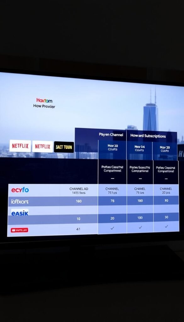 A detailed comparison of IPTV channel selection across various providers, showcased in a sleek, modern interface. The foreground features a clean grid layout displaying channel logos and names, with the Hoxtoon Provider brand prominently displayed. The middle ground offers a side-by-side comparison of channel counts and subscription options for Hoxtoon and its competitors. The background depicts a subtle cityscape, conveying a sense of urban connectivity. Lighting is crisp and directional, creating depth and highlighting the comparative data. The overall tone is authoritative yet visually engaging, befitting a technical analysis of IPTV service offerings.