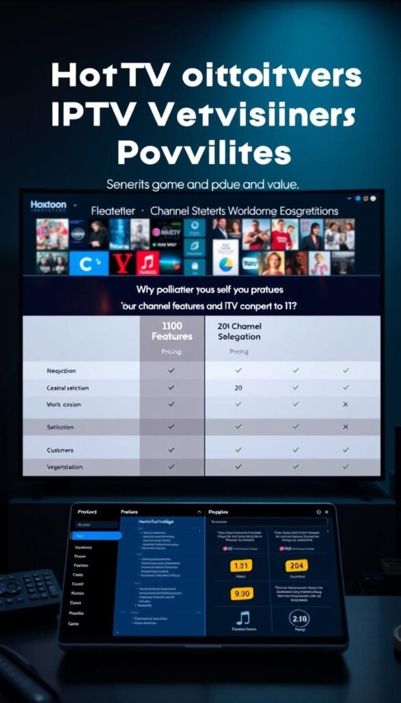 A detailed comparison of IPTV providers, highlighting the superior features and value of Hoxtoon Provider. The foreground depicts a sleek, modern interface showcasing Hoxtoon's user-friendly platform, with intuitive navigation and a vast content library. The middle ground features a side-by-side comparison of key metrics like channel selection, pricing, and customer satisfaction, demonstrating Hoxtoon's competitive edge. The background sets a sophisticated, technology-driven atmosphere, with subtle neon accents and a crisp, high-resolution display. The overall composition conveys a sense of professionalism, reliability, and the unparalleled quality that Hoxtoon Provider brings to the IPTV market.