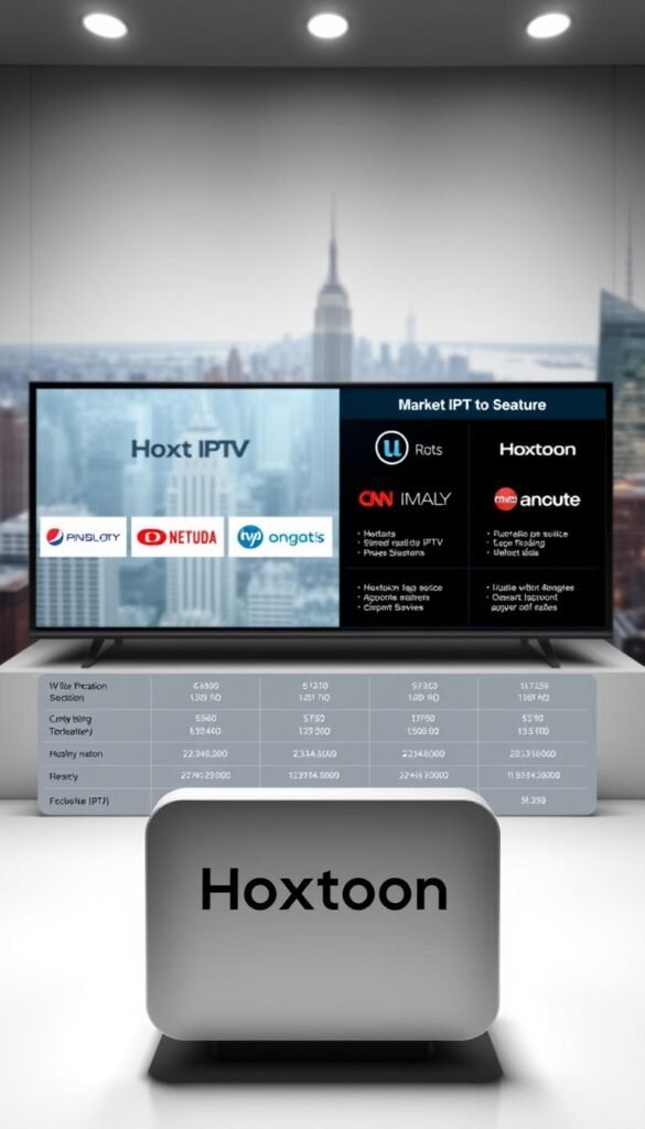 A detailed comparison of IPTV providers, showcasing Hoxtoon Provider's market dominance. In the foreground, the Hoxtoon logo stands prominently, surrounded by a sleek, modern interface displaying service metrics. In the middle ground, competing IPTV providers are depicted with their logos and key features, highlighting Hoxtoon's superior offering. The background features a cityscape, conveying the scale and reach of the IPTV industry. The lighting is crisp and directional, creating depth and emphasizing the key elements. The overall mood is one of authority, innovation, and market leadership, reflecting Hoxtoon Provider's position as the premier IPTV solution in the USA.