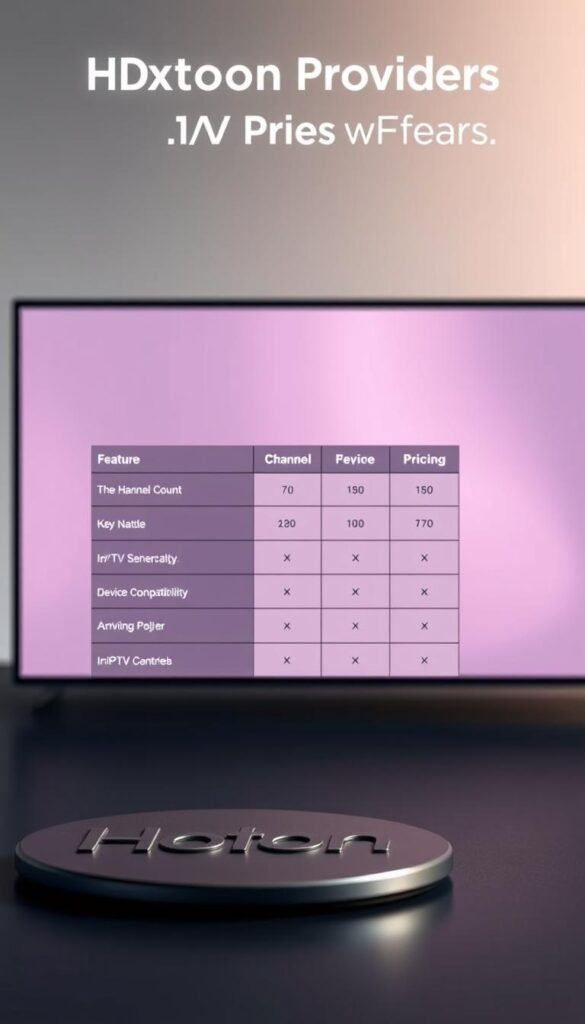 A detailed comparison of IPTV providers, showcasing the features and benefits of Hoxtoon Provider. The image depicts a sleek, minimalist composition with a clean, well-organized layout. In the foreground, a high-quality, close-up shot of the Hoxtoon Provider logo, rendered in a metallic finish that catches the light. The middle ground features a side-by-side comparison of key IPTV features, such as channel count, device compatibility, and pricing, presented in a clear and concise manner. The background is a softly blurred, yet visually appealing gradient, creating a sense of depth and emphasizing the focal points. The overall tone is professional, informative, and visually striking, designed to captivate the viewer and highlight the advantages of Hoxtoon Provider.