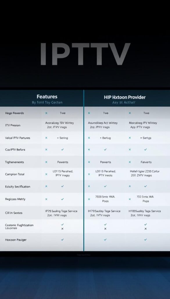 A detailed comparison of IPTV service providers, showcasing the features and offerings of Hoxtoon Provider alongside other leading legal IPTV services. The image should depict a modern, sleek interface with clean typography and iconography, highlighting key metrics and differentiators in a side-by-side layout. The overall tone should convey a sense of professionalism and authority, reflecting the subject matter. Soft, diffused lighting with a subtle color palette to create a sophisticated and visually appealing aesthetic. The Hoxtoon Provider branding should be prominently displayed, conveying its position as a top legal IPTV service in the USA.