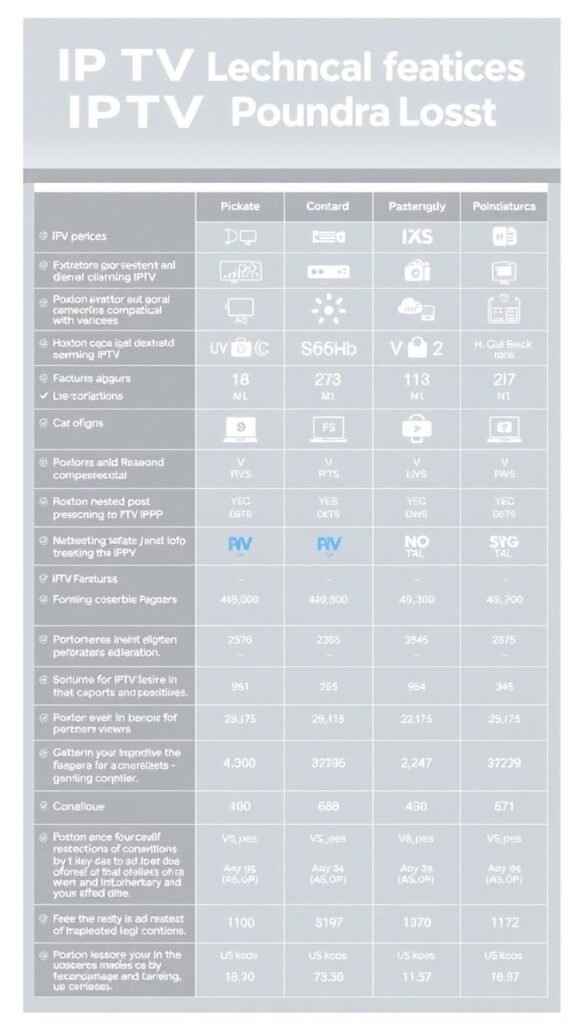 A detailed comparison of IPTV service providers, showcasing the technical features and offerings of the Hoxtoon Provider against its competitors. Set in a sleek, modern layout with clean lines and a neutral color palette. The foreground depicts the Hoxtoon logo and key statistics prominently displayed, while the middle ground showcases various IPTV-related icons and graphics. The background features a subtle grid pattern, emphasizing the analytical and data-driven nature of the comparative analysis. Crisp, high-resolution imagery with balanced lighting and a slight depth of field to draw the viewer's attention to the central elements.