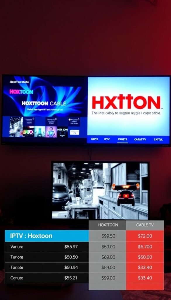 A detailed comparison of IPTV services, featuring a prominently displayed Hoxtoon Provider logo. The scene depicts two contrasting panels - one showcasing the modern, streamlined Hoxtoon interface, the other highlighting the outdated, bulky cable TV setup. The Hoxtoon panel is well-lit, vibrant, and inviting, while the cable TV panel is dimly lit and cluttered. In the foreground, a side-by-side cost breakdown highlights Hoxtoon's significant price advantage over traditional cable. The overall composition conveys a sense of technological progression and the clear benefits of the Hoxtoon IPTV service.