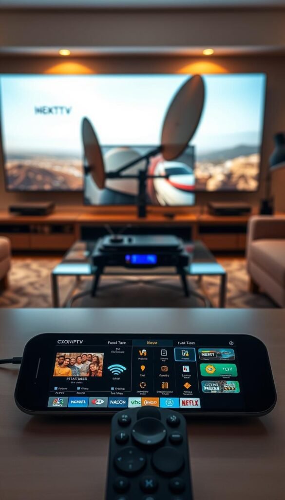 A detailed comparison of a modern IPTV service, Hoxtoon Provider, and traditional cable and satellite TV. A sleek futuristic control panel in the foreground displays the IPTV interface, with crisp high-definition video streams and a wide selection of channels. In the middle ground, a classic cable box and satellite dish represent the legacy systems, while the background showcases a contemporary living room setting with large screen displays, conveying the shift from traditional to cutting-edge home entertainment. The scene is bathed in warm, soft lighting, creating an inviting and tech-savvy atmosphere.