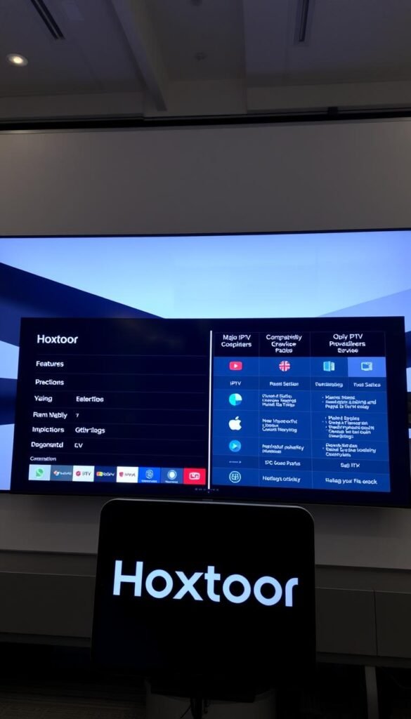 A detailed comparison of major IPTV providers displayed on a modern digital screen. In the foreground, the Hoxtoon Provider logo takes center stage, showcasing its services and features. The middle ground features cards with icons and text comparing Hoxtoon to other leading IPTV options, highlighting their unique offerings and capabilities. The background features a sleek, minimalist design with subtle gradients and geometric shapes, creating a sophisticated and professional atmosphere. The lighting is soft and evenly distributed, accentuating the clarity and legibility of the information. The camera angle is slightly elevated, giving a sense of authority and expertise to the comparison.