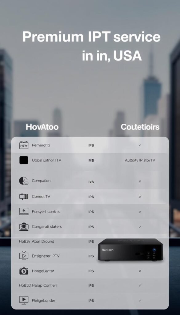 A detailed comparison of premium IPTV services in the USA, showcasing the Hoxtoon Provider in a sleek, professional layout. In the foreground, expertly crafted icons and graphics representing the key features of Hoxtoon and its competitors, arranged in a clear side-by-side layout. The middle ground features a clean, minimalist design with subtle gradients and textures, creating a sense of sophistication. The background is a muted, blurred cityscape, hinting at the urban setting and the technological landscape. The overall mood is one of authority, innovation, and reliable performance, emphasizing Hoxtoon's position as a premier IPTV provider in the USA.