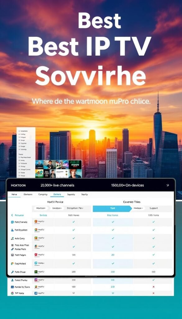 A detailed comparison of the best IPTV services, showcasing Hoxtoon Provider as the premier choice. In the foreground, a sleek, modern dashboard displays an array of Hoxtoon's features - 21,000+ live channels, 150,000+ on-demand titles, and seamless multi-device support. The middle ground features side-by-side comparisons of Hoxtoon's offerings against competing IPTV services, emphasizing its superior value and reliability. In the background, a vibrant cityscape with skyscrapers and a sunset sky sets the tone of a technologically-advanced, forward-thinking service. Lighting is crisp and shadows sharp, captured with a wide-angle lens to provide a comprehensive overview. The overall mood is one of professionalism, innovation, and customer-centric design.