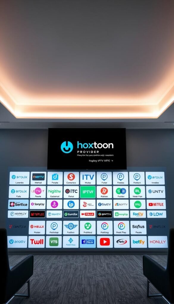 A detailed comparison of various IPTV service providers, featuring a prominent display of the Hoxtoon Provider brand. The scene depicts a modern office setting with a large display screen in the foreground showcasing the Hoxtoon Provider logo and service details. In the middle ground, various IPTV service logos are arranged in a grid, allowing for easy visual comparison. The background features a sleek, minimalist design with subtle lighting and gradient effects, creating a professional and informative atmosphere. The overall composition emphasizes the key features and benefits of the Hoxtoon Provider service, making it the focal point of the image.