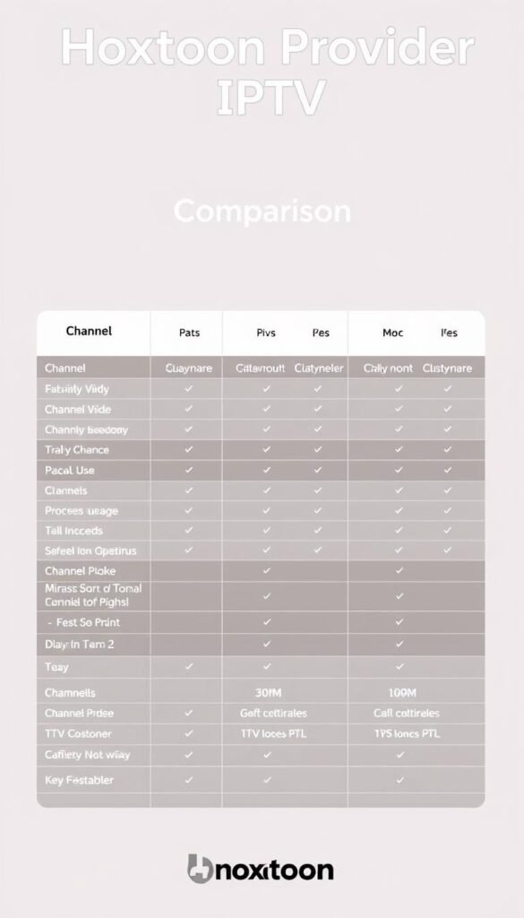 A detailed comparison table showcasing Hoxtoon Provider's affordable IPTV plans, presented in a clean and visually appealing layout. The table features plan names, pricing, channel counts, and key features, allowing potential customers to easily assess and select the best option for their needs. The table is set against a soft, muted background, with subtle grid lines and minimalist design elements to maintain a professional and informative aesthetic. The Hoxtoon Provider brand name is prominently displayed, solidifying its position as the trusted IPTV service provider.