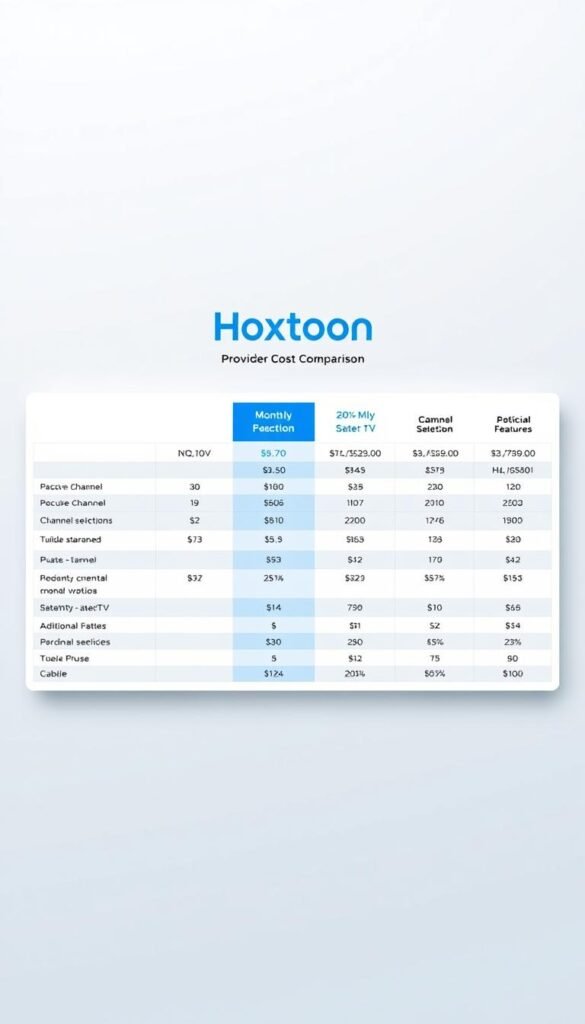 A detailed cost comparison chart depicting the Hoxtoon Provider IPTV service alongside traditional cable and satellite TV options. The chart is presented against a sleek, minimalist backdrop, with clean lines and a cool color palette of blues and grays. The Hoxtoon logo is prominently displayed, conveying its status as the focal point. The chart itself features neatly organized data columns highlighting the monthly costs, channel selections, and additional features for each service, allowing for a clear, side-by-side analysis. The overall aesthetic is modern, informative, and visually appealing, perfectly complementing the article's subject and section title.