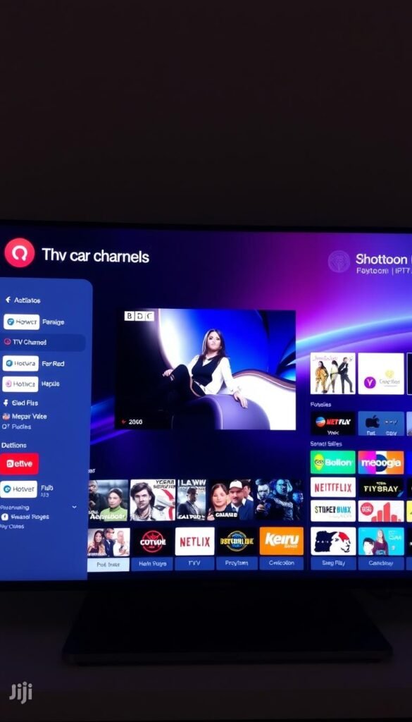 A detailed electronic program guide displayed on a sleek, modern IPTV interface. The guide features a clean, minimalist design with vibrant colors and crisp, high-resolution imagery. The foreground showcases a comprehensive listing of TV channels, with channel logos and program information. The middle ground features a focused view of a specific channel, highlighting the current and upcoming shows. In the background, a subtle gradient or abstract pattern adds depth and visual interest. The overall atmosphere is one of sophistication and technological prowess, reflecting the premium Hoxtoon IPTV Provider service.