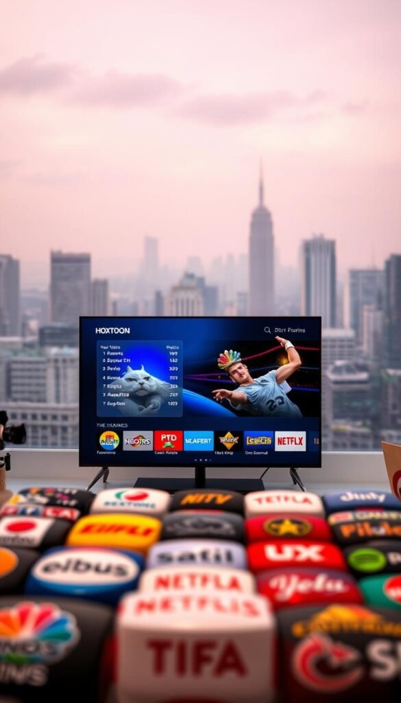 A detailed, high-quality image of premium IPTV channels offered by the "Hoxtoon Provider" service. In the foreground, an array of diverse channel logos covering various genres like news, sports, movies, and entertainment, displayed with vibrant colors and sharp clarity. In the middle ground, a sleek, modern user interface showcasing channel listings and on-demand content, conveying a seamless streaming experience. The background features a soft, out-of-focus cityscape, hinting at the global reach and accessibility of the Hoxtoon IPTV service. The overall scene is captured in a warm, cinematic lighting, creating a premium, high-end atmosphere.