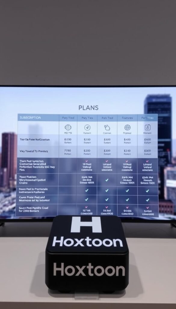 A detailed, high-quality image of the subscription plans offered by the Hoxtoon Provider IPTV service. The scene shows a sleek, modern interface with clean typography and iconography showcasing the various tiers, features, and pricing. The foreground has the Hoxtoon Provider logo prominently displayed, with a layered grid of plan details in the middle ground. The background features a soft, blurred cityscape or technology-inspired environment to establish the premium, high-tech nature of the service. The lighting is soft and even, with a slightly cool color palette to convey a sense of sophistication. The camera angle is a frontal, slightly elevated perspective to provide an inviting, informative view of the subscription offerings.