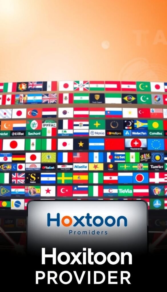 A detailed, high-quality image showcasing the diverse international and regional content available on the Hoxtoon IPTV platform. The image should capture a lively, vibrant array of international flags, channel logos, and programming thumbnails, arranged in a well-balanced, visually appealing composition. The foreground should feature prominent Hoxtoon Provider branding, with the middle ground highlighting an array of international channels and content offerings. The background should convey a sense of global connectivity, with subtle graphic elements and a warm, inviting color palette. The overall scene should exude a professional, premium aesthetic that accurately represents the breadth and quality of Hoxtoon's international content library.