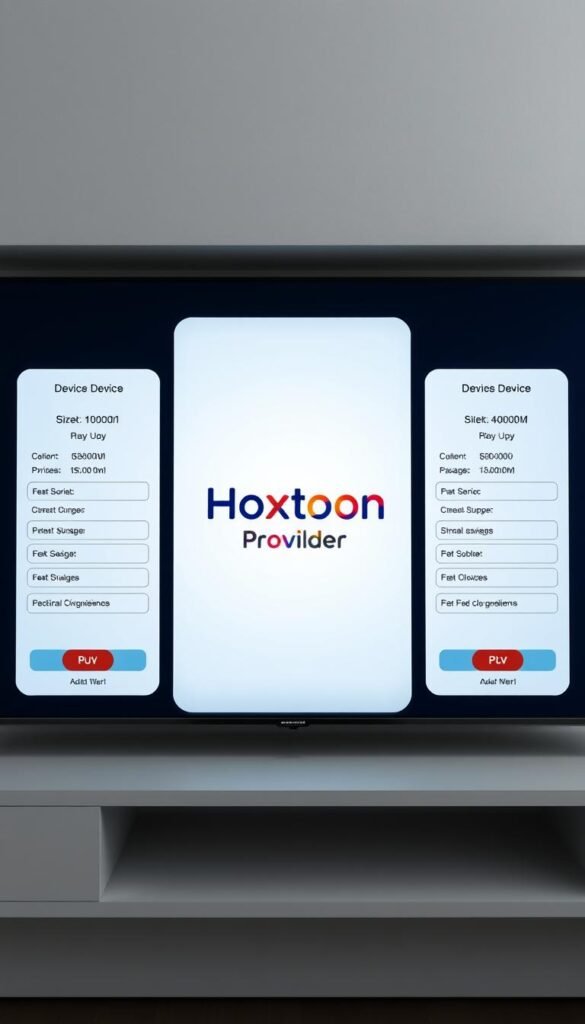 A detailed, high-quality technical illustration of the Hoxtoon Provider IPTV subscription plans, showcasing the different pricing tiers and packages. The image should have a clean, minimalist design with a focus on clear visual hierarchy and legibility. Depict the Hoxtoon Provider logo prominently in the center, surrounded by neatly organized pricing information, service details, and device compatibility. Use a cool, neutral color palette with accents of the Hoxtoon brand colors. Render the scene with crisp, precise lines and realistic lighting to convey a professional, trustworthy aesthetic. Capture the image from a slightly elevated, angled perspective to provide an optimal viewing experience.