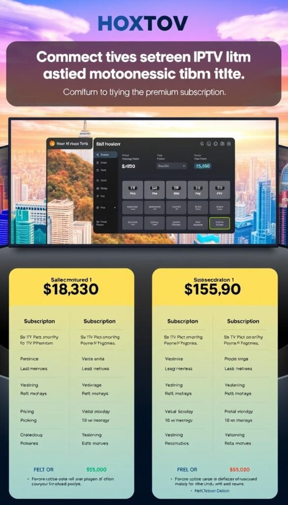 A detailed, high-resolution illustration depicting the comprehensive IPTV premium subscription plans and pricing offered by the Hoxtoon Provider. In the foreground, various subscription tiers are displayed with clear pricing information, features, and package details. The middle ground showcases a sleek, modern user interface with easy navigation and intuitive plan selection. In the background, a vibrant cityscape or technological landscape sets the scene, conveying a sense of advanced, cutting-edge entertainment services. The overall composition should have a clean, professional, and visually appealing aesthetic, reflecting the premium nature of the Hoxtoon Provider's IPTV offerings.