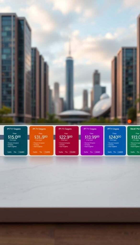 A detailed, high-resolution image of affordable IPTV plans from the Hoxtoon Provider. A modern, minimalist design showcasing a grid of colorful plan cards in the foreground, each highlighting key features like channel count, streaming quality, and pricing. The middle ground features a clean, white background with subtle textures, while the background has a soft, out-of-focus cityscape with tall buildings and a partly cloudy sky. The overall mood is professional, elegant, and inviting, with warm lighting and a focus on the plan details.