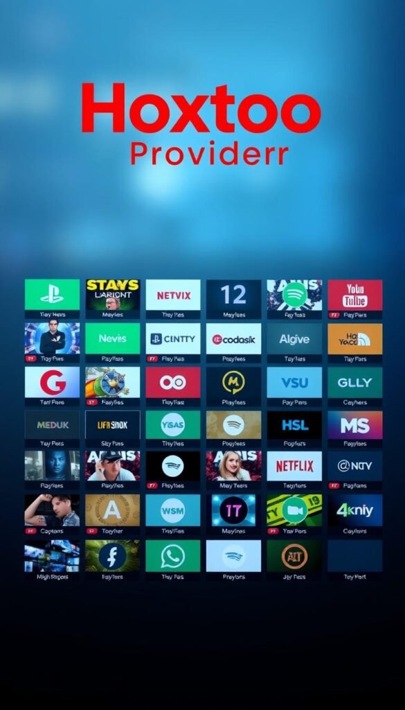 A detailed, high-resolution image of the "Hoxtoon Provider" IPTV channel lineup, showcasing a sleek and modern user interface with a clean, grid-like layout. The channels are organized into distinct categories, such as News, Movies, Sports, and Entertainment, with clear icons and labels. The background is a subtle, blurred gradient in shades of blue and gray, creating a professional and visually appealing atmosphere. The overall composition is well-balanced, with the channel lineup taking up the majority of the frame, and the Hoxtoon Provider logo prominently displayed in the top-left corner. The lighting is soft and diffused, lending a sense of depth and dimension to the image.