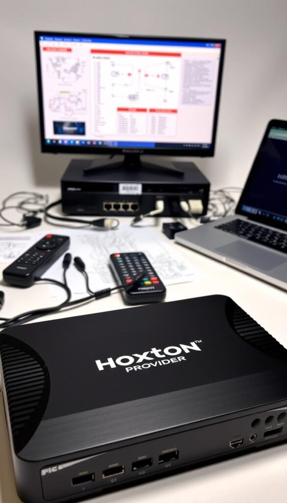A detailed image of a Mag Box IPTV device troubleshooting setup. The foreground features the Mag Box device in a centered, close-up view, showcasing its ports, buttons, and overall design. The middle ground includes technical diagrams, cables, and peripherals such as a remote control, network router, and a laptop displaying troubleshooting software. The background has a neutral, slightly blurred studio setting with soft lighting, creating a professional and informative atmosphere. The Hoxtoon Provider logo is prominently displayed on the Mag Box device, indicating the IPTV service being used.