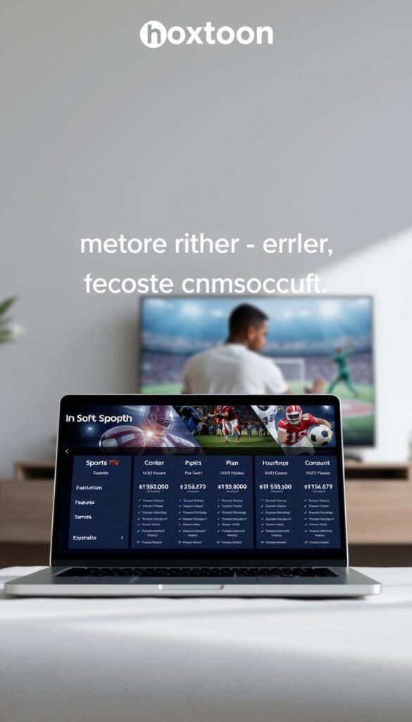 A detailed image of sports iptv subscription plans offered by Hoxtoon Provider. Set in a clean, minimalist style with a soft, natural lighting. In the foreground, a laptop or tablet displays the Hoxtoon logo and various subscription packages, with clear pricing and feature details. The middle ground shows a customer browsing the plans, while the background features a subtle sports-themed motif, such as a stadium or athletes in action, to reinforce the context. The overall mood is informative, inviting, and visually appealing, guiding the viewer towards the right IPTV solution.