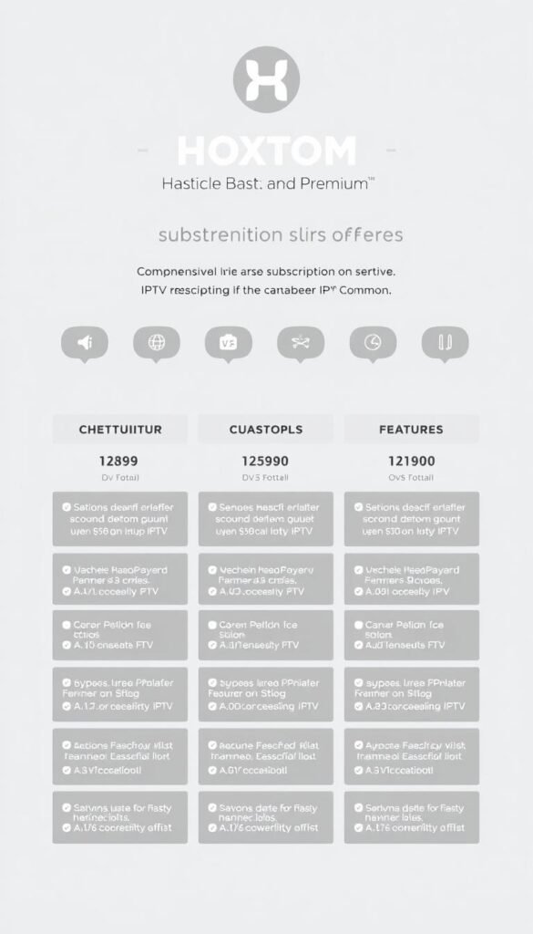 A detailed infographic showcasing the comprehensive subscription plans offered by the Hoxtoon Provider, a premium IPTV service. The image should feature a clean, modern layout with minimalist design elements. In the foreground, present the various plan tiers, including their prices, channels, and features, using clear and concise typography. In the middle ground, incorporate subtle graphical elements, such as icons or illustrations, to visually represent the plan details. The background should have a soft, muted color palette that complements the branding, creating a professional and visually appealing composition. The overall tone should convey a sense of reliability, trustworthiness, and attention to detail, reflecting the quality of the Hoxtoon Provider's IPTV offerings.
