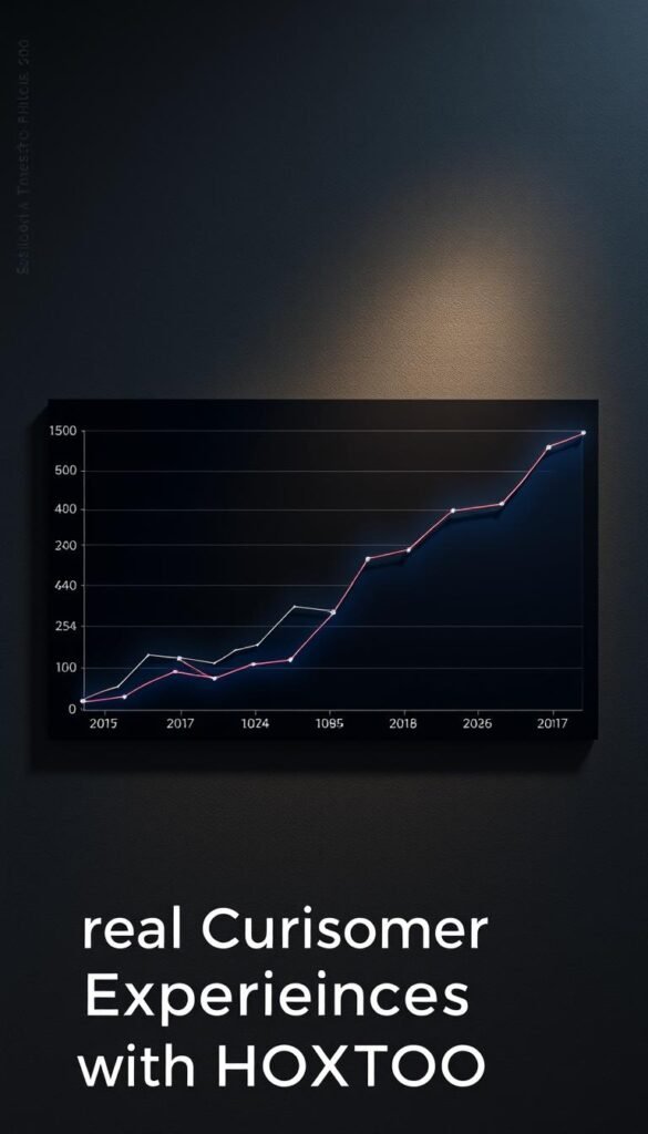 A detailed line graph showcasing the rising IPTV subscription trends over the past 5 years, with the Hoxtoon Provider brand prominently displayed. The graph features a sleek, modern design with a dark color palette, illuminated by soft, directional lighting that casts subtle shadows, creating depth and atmosphere. The background is a minimalist, textured gray, allowing the data visualization to take center stage. The overall aesthetic conveys a sense of professionalism and authority, perfectly suited to illustrate the "Real Customer Experiences with HOXTOON" section of the article.