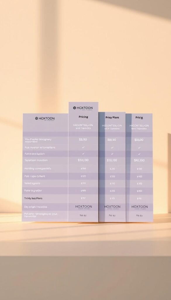 A detailed pricing table showcasing the various HOXTOON Provider subscription plans, with each plan prominently displayed in a clean, minimalist design. The table is set against a soft, gradient background, bathed in warm, natural lighting that creates a sense of inviting professionalism. The plans are arranged in a grid layout, with clear delineations between each offering, highlighting the distinct features and benefits. The Hoxtoon Provider logo is subtly integrated, reinforcing the brand identity. The overall composition strikes a balance between informative clarity and visual appeal, making it an effective tool to illustrate the section on HOXTOON's pricing plans.