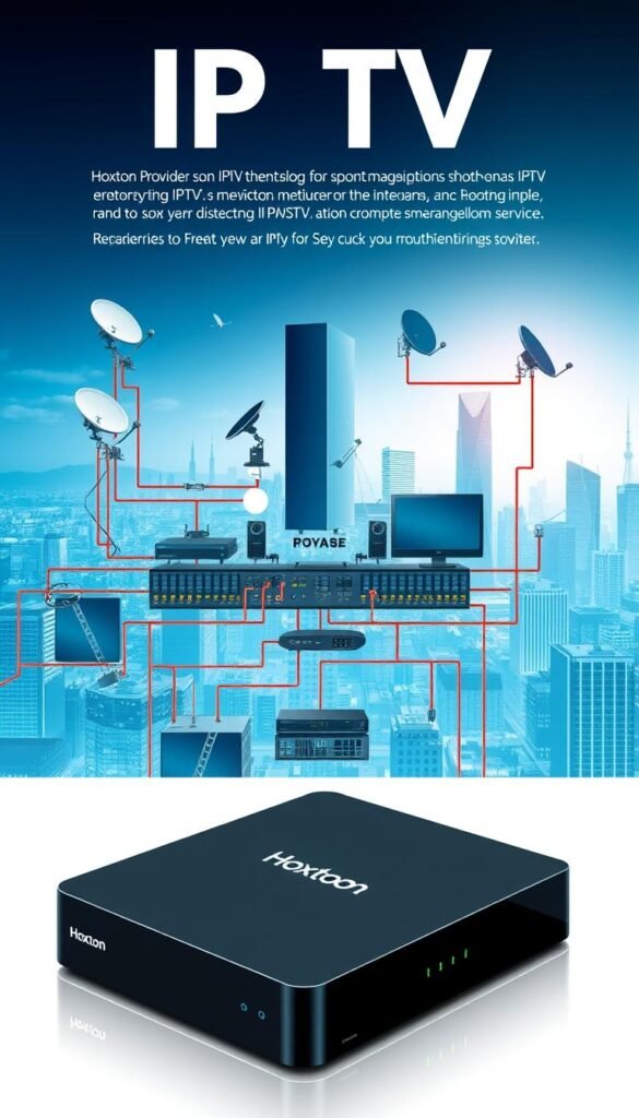 A detailed schematic illustration of IPTV technology, showcasing its key components and how they interconnect. In the foreground, a sleek Hoxtoon Provider set-top box prominently displayed, highlighting its role in the IPTV ecosystem. The middle ground features a complex network of servers, routers, and satellite dishes, representing the robust infrastructure that powers IPTV services. In the background, a cityscape with towering skyscrapers symbolizes the growing popularity and widespread adoption of IPTV technology. The scene is bathed in a cool, futuristic color palette, emphasizing the cutting-edge nature of the technology. The overall composition conveys the sophistication, efficiency, and the transformative impact of IPTV in the modern media landscape.
