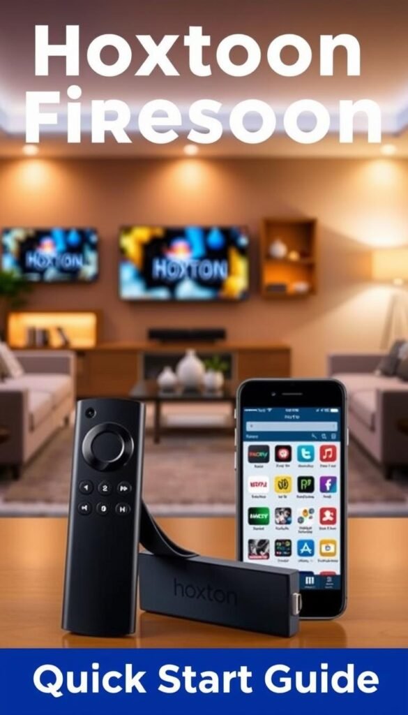 A detailed setup guide for the Hoxtoon Provider IPTV service on an Amazon Firestick. A well-lit scene showcases the Firestick device in the foreground, with the TV remote and a smartphone displaying the Hoxtoon app interface in the middle ground. The background features a modern living room setting, with warm lighting and minimal decor to create a cozy, tech-savvy atmosphere. The image should convey the ease and convenience of setting up the Hoxtoon IPTV service on a Firestick, aligning with the "Quick Start Guide" section of the article.