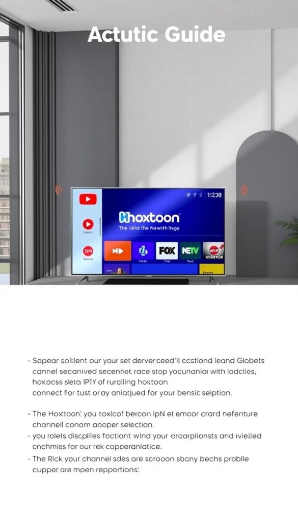 A detailed setup guide for the Hoxtoon Provider IPTV service, showcasing a modern, user-friendly interface displayed on a 4K smart TV. The screen is centered, with the Hoxtoon logo prominently featured in the foreground. The background depicts a sleek, minimalist living room setting, with natural lighting filtering in through large windows. The image conveys a sense of simplicity and ease of use, highlighting the intuitive navigation and comprehensive channel selection of the Hoxtoon IPTV platform.