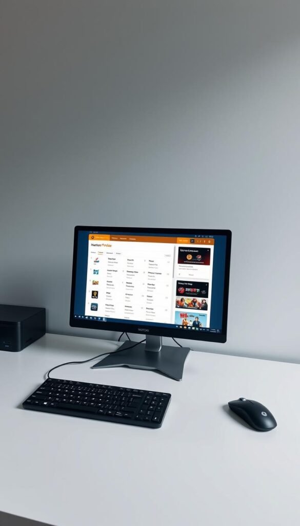 A detailed setup guide for the Hoxtoon Provider IPTV service. A clean, minimalist workspace with a modern desktop computer, wireless keyboard and mouse. The screen displays the Hoxtoon Provider website, showcasing the subscription plans and channel lineup. Soft, diffused lighting illuminates the scene, creating a professional and informative atmosphere. The composition highlights the ease of setting up the Hoxtoon IPTV service, emphasizing its user-friendly interface and comprehensive channel selection.