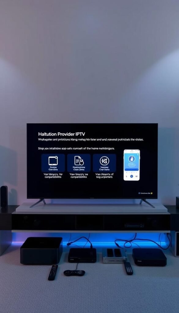 A detailed setup guide for the Hoxtoon Provider IPTV service. A modern home entertainment system with a sleek smart TV interface, multiple device compatibility, and a vast library of live channels and on-demand content. The screen displays a step-by-step walkthrough, guiding the user through the intuitive Hoxtoon app installation and configuration process. Soft ambient lighting, clean lines, and a minimalist aesthetic create a professional and trustworthy impression. A clutter-free arrangement of streaming devices, remote controls, and network equipment conveys an effortless, user-friendly experience.