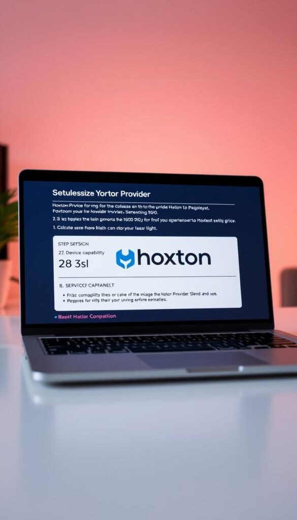A detailed setup guide for the Hoxtoon Provider streaming service, displayed on a modern laptop screen against a clean, minimalist background. The screen shows step-by-step instructions, device compatibility information, and the Hoxtoon Provider logo prominently featured. Soft, diffused lighting creates a warm, professional atmosphere, with a subtle depth of field blurring the background elements. The overall composition conveys a sense of guidance and ease of use for the Hoxtoon streaming service.