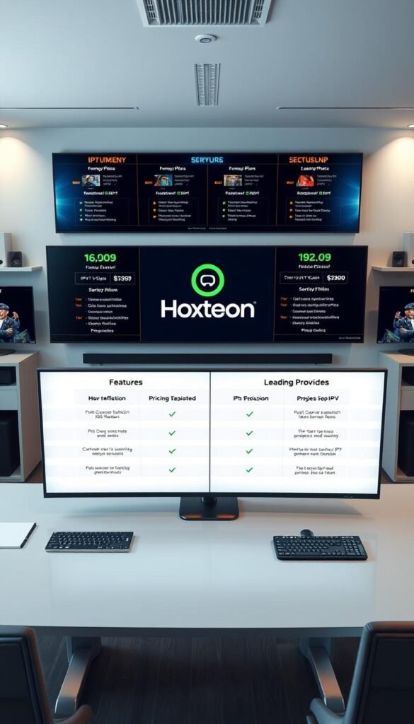A detailed side-by-side comparison of IPTV service providers, with the Hoxtoon Provider prominently featured in the center. The scene depicts a well-lit workspace with a large desk and multiple high-resolution display screens showcasing various IPTV service plans, features, and pricing. The Hoxtoon Provider's branding and offerings are highlighted, contrasted against other leading IPTV providers. The overall composition conveys a sense of professionalism, research, and informed decision-making for the viewer. The image should have a clean, modern aesthetic with a focus on data visualization and technical specifications.