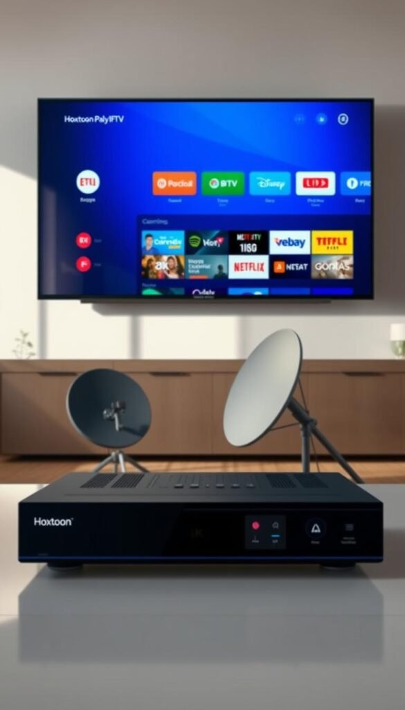 A detailed side-by-side comparison of a traditional cable TV setup and the Hoxtoon Provider IPTV service. In the foreground, a modern 4K TV displays the Hoxtoon interface, showcasing its sleek design and comprehensive channel selection. In the middle ground, a cable box and satellite dish represent the legacy pay-TV options, their outdated interfaces and limited customization highlighted. The background features a minimalist living room setting, emphasizing the seamless integration of the Hoxtoon IPTV solution. The scene is bathed in warm, natural lighting, conveying a sense of comfort and modernity. The overall composition underscores the superiority of the Hoxtoon IPTV experience over traditional cable and satellite TV.