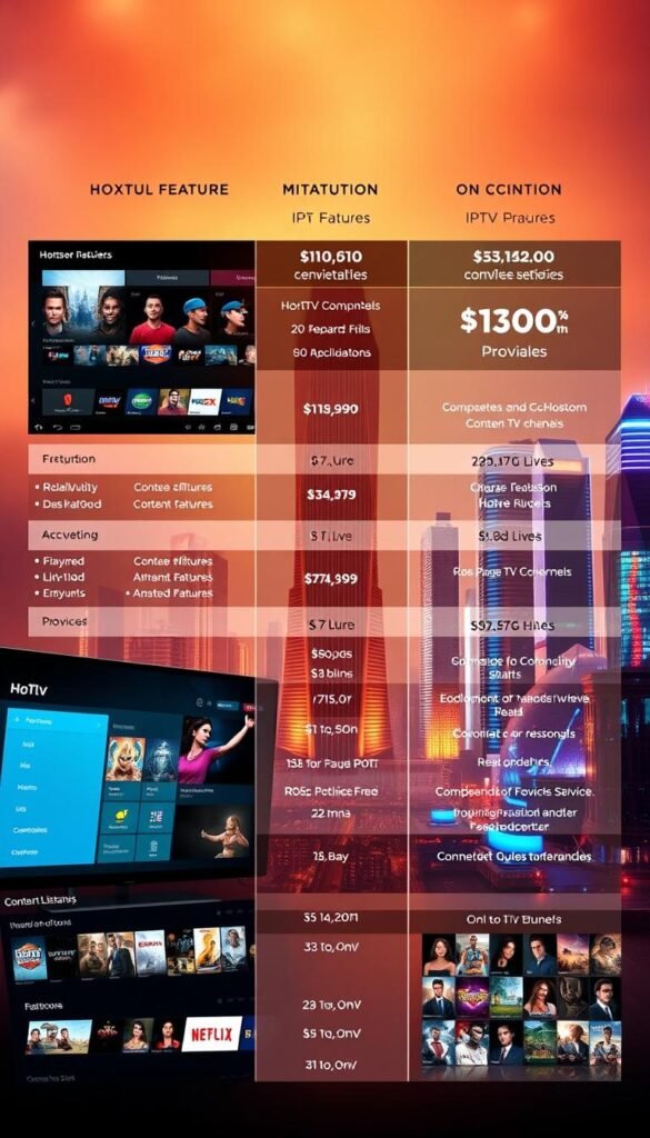A detailed side-by-side comparison of popular IPTV service providers, with a focus on Hoxtoon Provider. The foreground features a sleek, modern UI showcasing the various features and pricing tiers of Hoxtoon and its competitors. The middle ground highlights the diverse content libraries, from live TV channels to on-demand movies and shows. In the background, a futuristic cityscape with glowing skyscrapers and holographic displays, symbolizing the technological advancements shaping the future of IPTV. The scene is illuminated by a warm, cinematic lighting, creating a sense of sophistication and innovation. The overall composition conveys the evolving landscape of IPTV services, with Hoxtoon Provider positioned as a leading player.