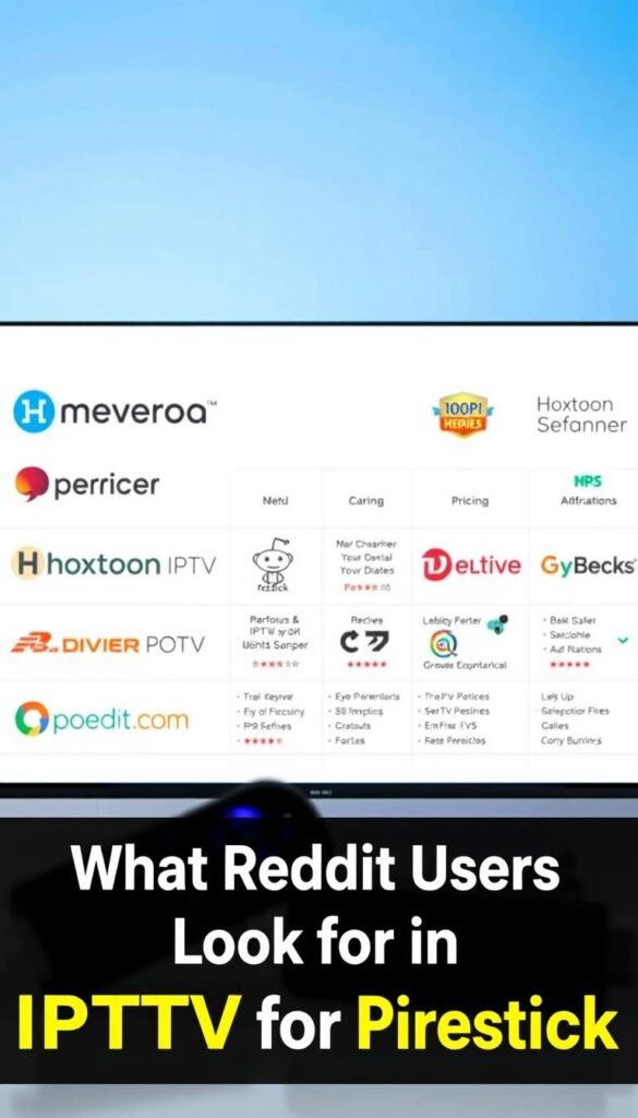 A detailed, side-by-side comparison of popular IPTV services for Firestick, captured in a sleek, minimalist style. The foreground features a lineup of IPTV logos, including Hoxtoon Provider, neatly arranged against a backdrop of clean, white space. The middle ground showcases a grid of service details, highlighting key features like channel selection, pricing, and user ratings. The background subtly blends shades of blue, evoking a sense of trust and reliability. Crisp lighting and a slightly tilted camera angle add visual interest, creating a professional, informative look perfect for the "What Reddit Users Look for in IPTV Services for Firestick" section.