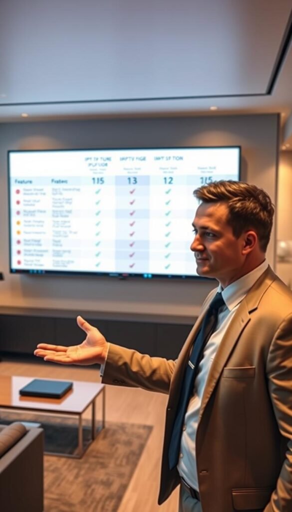 A detailed side-by-side comparison of the "Hoxtoon Provider" and other top IPTV services in the USA. The scene depicts a sleek, modern office space with a large wall-mounted display showcasing feature comparisons between the IPTV providers. In the foreground, a well-dressed professional is gesturing towards the display, presenting the data in a clear and compelling manner. The lighting is warm and bright, creating a professional and authoritative atmosphere. The background is blurred, keeping the focus on the primary subject. The overall composition conveys a sense of expertise, innovation, and transparency in the IPTV industry.
