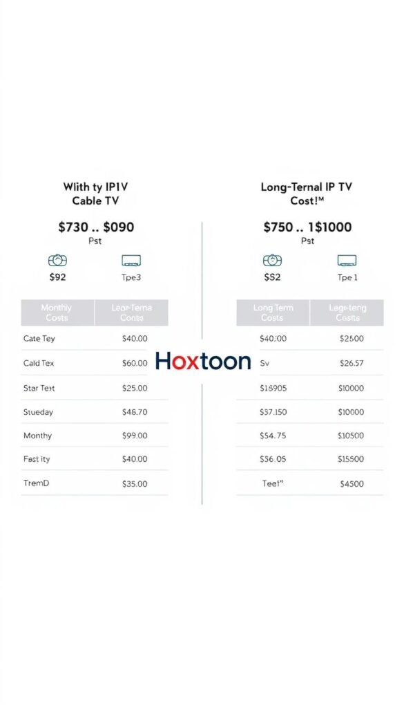 A detailed side-by-side comparison of the monthly and long-term costs of the Hoxtoon IPTV provider versus traditional cable TV. A modern, minimalist interface displays the pricing data in a clean, easy-to-understand format, with icons and graphs to visually convey the cost differences. The Hoxtoon brand name is prominently featured in the middle ground. The background is a soft, neutral color palette, allowing the information to take center stage. The lighting is bright and even, creating a professional, authoritative tone. The camera angle is a slightly elevated, frontal view, giving the viewer a sense of clarity and objectivity.