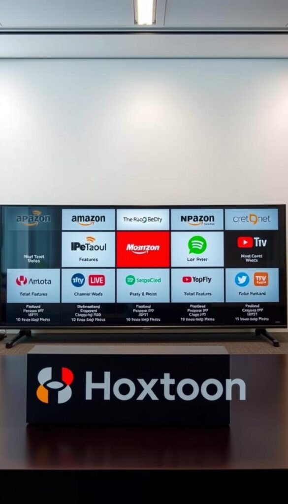 A detailed, side-by-side comparison of various IPTV providers, showcasing their features, channel selections, and value propositions. In the foreground, the "Hoxtoon Provider" logo and branding stand out prominently, highlighting the key focus of the comparison. The middle ground features neatly arranged tiles, each displaying the logos and names of competing IPTV services, inviting the viewer to explore the differences. The background depicts a modern, minimalist office setting, with clean lines and subtle lighting, creating a professional and informative atmosphere. The overall composition conveys a sense of objective analysis, allowing the viewer to make an informed decision about the best IPTV service for their needs.