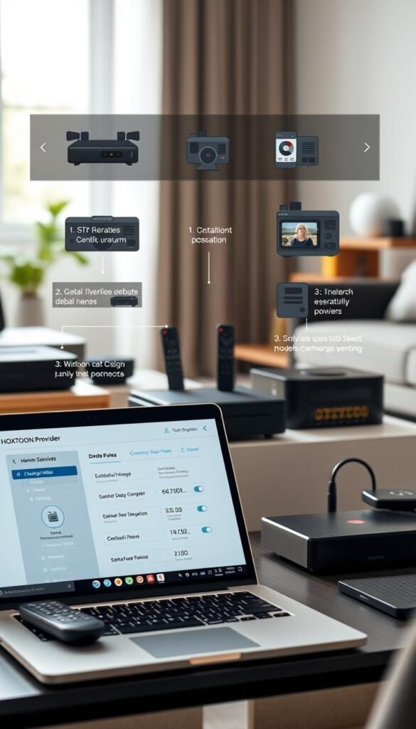 A detailed, step-by-step HOXTOON provider setup guide, showcasing the user interface and various configuration options. The image should depict a modern, minimalist design with clean lines and a calming color palette, using natural lighting to create a professional, informative atmosphere. The foreground should feature a laptop or tablet displaying the HOXTOON provider platform, with the middle ground showcasing various remote controls, streaming devices, and networking equipment. The background should include a neutral, blurred office or living room setting to provide context without distracting from the main focus. Technical details such as camera angles, depth of field, and lighting should be carefully considered to produce a visually appealing and informative image.