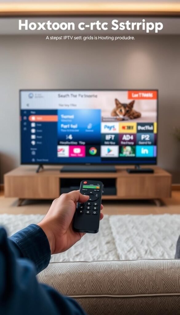 A detailed step-by-step guide for setting up the Hoxtoon Provider IPTV service. In the foreground, a modern smart TV display shows the Hoxtoon IPTV interface, with a sleek and intuitive user interface. In the middle ground, a person's hands hold a remote control, navigating the menu options. The background depicts a minimalist living room setting, with neutral tones and clean lines, creating a sense of simplicity and efficiency. The lighting is soft and indirect, creating a warm and inviting atmosphere. The overall composition conveys a straightforward and user-friendly IPTV setup experience.