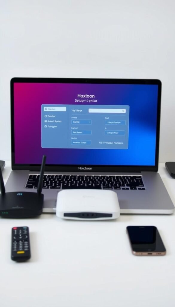 A detailed step-by-step setup guide for the Hoxtoon Provider IPTV service, showcased in a modern, sleek interface. The image depicts a central laptop or desktop computer screen displaying the Hoxtoon setup process, surrounded by neatly arranged peripheral devices such as a router, remote control, and smartphone, all in a harmonious color palette. The overall scene conveys a sense of simplicity and ease of use, with clean lines, gentle lighting, and a touch of minimalism to create an inviting and informative visual aid for the article.