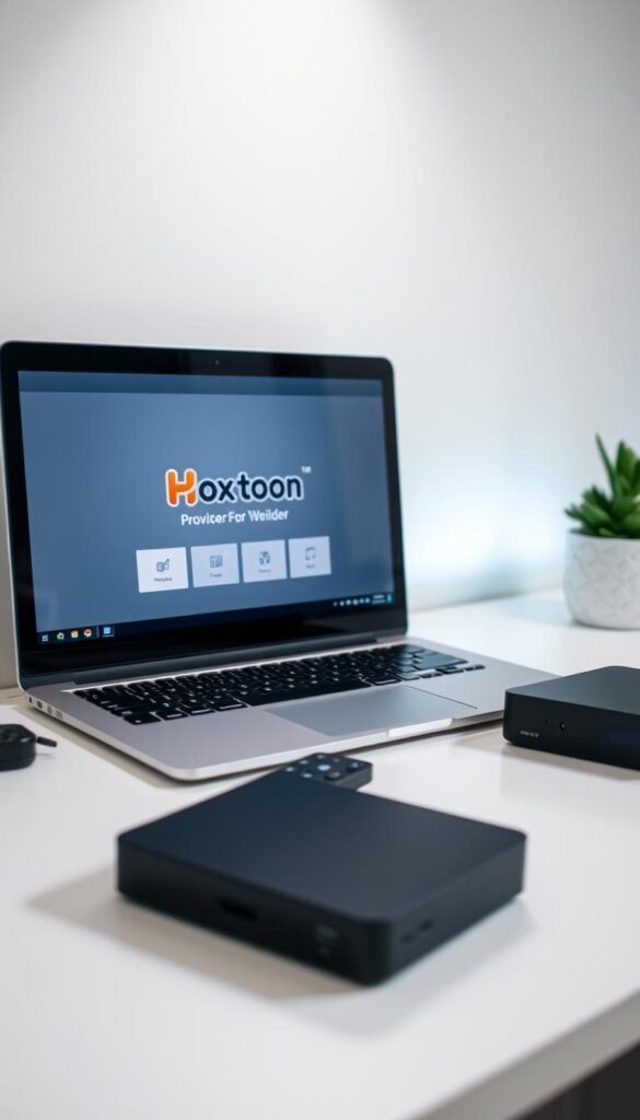 A detailed step-by-step setup guide for the Hoxtoon Provider IPTV service. A clean, modern workspace with a laptop, remote control, and IPTV box prominently displayed. The laptop screen shows the Hoxtoon Provider logo and UI, guiding the user through the installation process. Soft, diffused lighting illuminates the scene, creating a calm and informative atmosphere. The composition is balanced, with the key elements positioned to draw the viewer's attention. Technical details like camera angle, lens, and depth of field are carefully considered to showcase the IPTV setup in an intuitive and visually appealing manner.