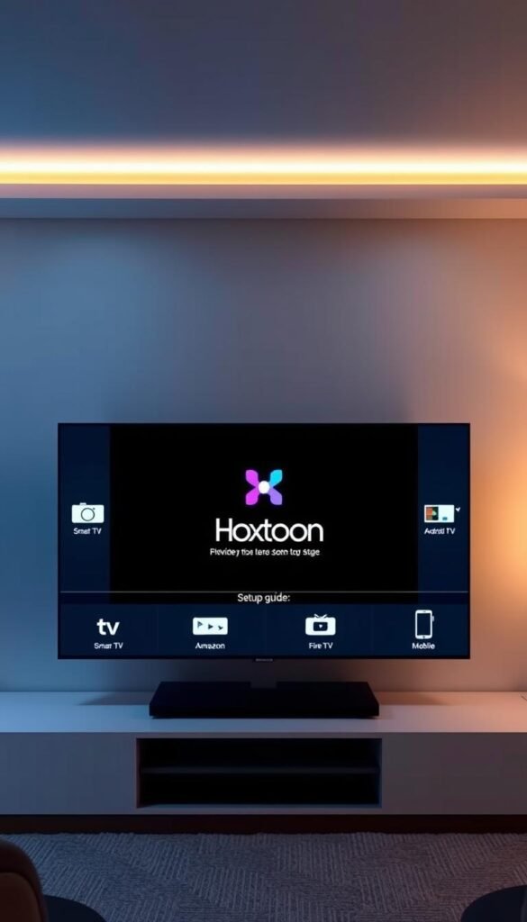 A detailed step-by-step setup guide for the Hoxtoon Provider IPTV service. A sleek and modern setup screen with a minimalistic design. The Hoxtoon logo prominently displayed at the center, surrounded by a series of device icons representing various platforms like Smart TV, Android TV, Amazon Fire TV, iOS, and Android mobile. The layout is clean and uncluttered, with clear instructions and intuitive navigation. Soft blue and gray tones create a calming atmosphere, complemented by warm lighting from the side. The overall impression is one of professionalism and user-friendliness, inviting the viewer to confidently set up Hoxtoon on their preferred devices.