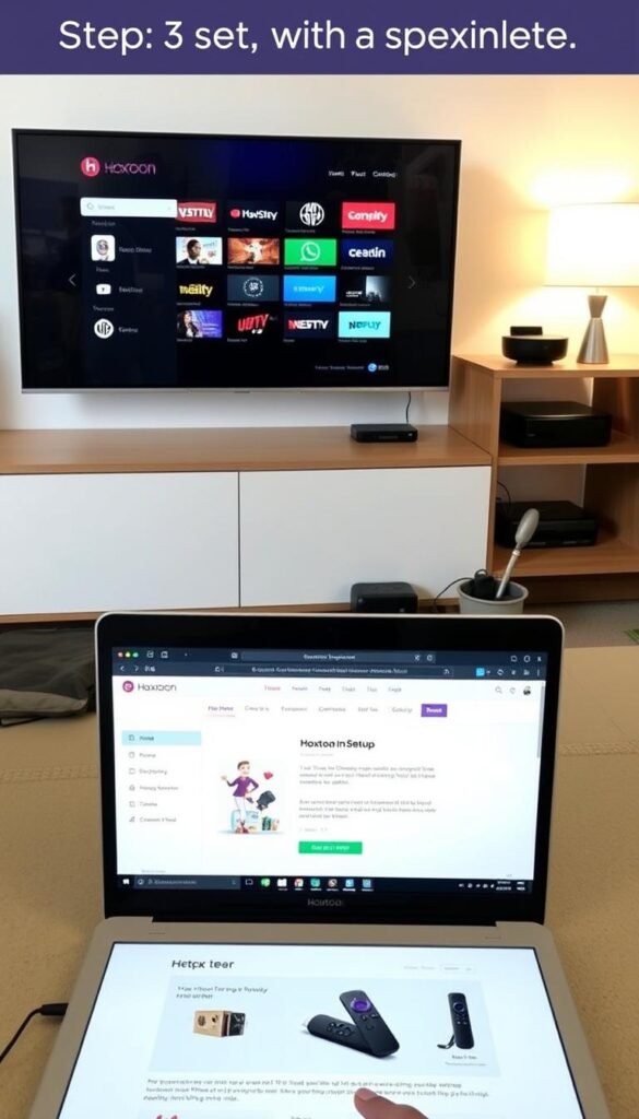 A detailed step-by-step setup guide for the Hoxtoon Provider IPTV service. In the foreground, a modern smart TV display shows the Hoxtoon home screen, with sleek black UI elements and colorful app icons. In the middle ground, an open laptop shows the Hoxtoon website, with clear instructions and a setup walkthrough. In the background, a well-lit entertainment center showcases various streaming devices like a Roku, Fire TV Stick, and Android box, all ready to connect to Hoxtoon. The overall scene conveys a sense of simplicity, ease of use, and high-quality streaming capabilities for the Hoxtoon IPTV platform.